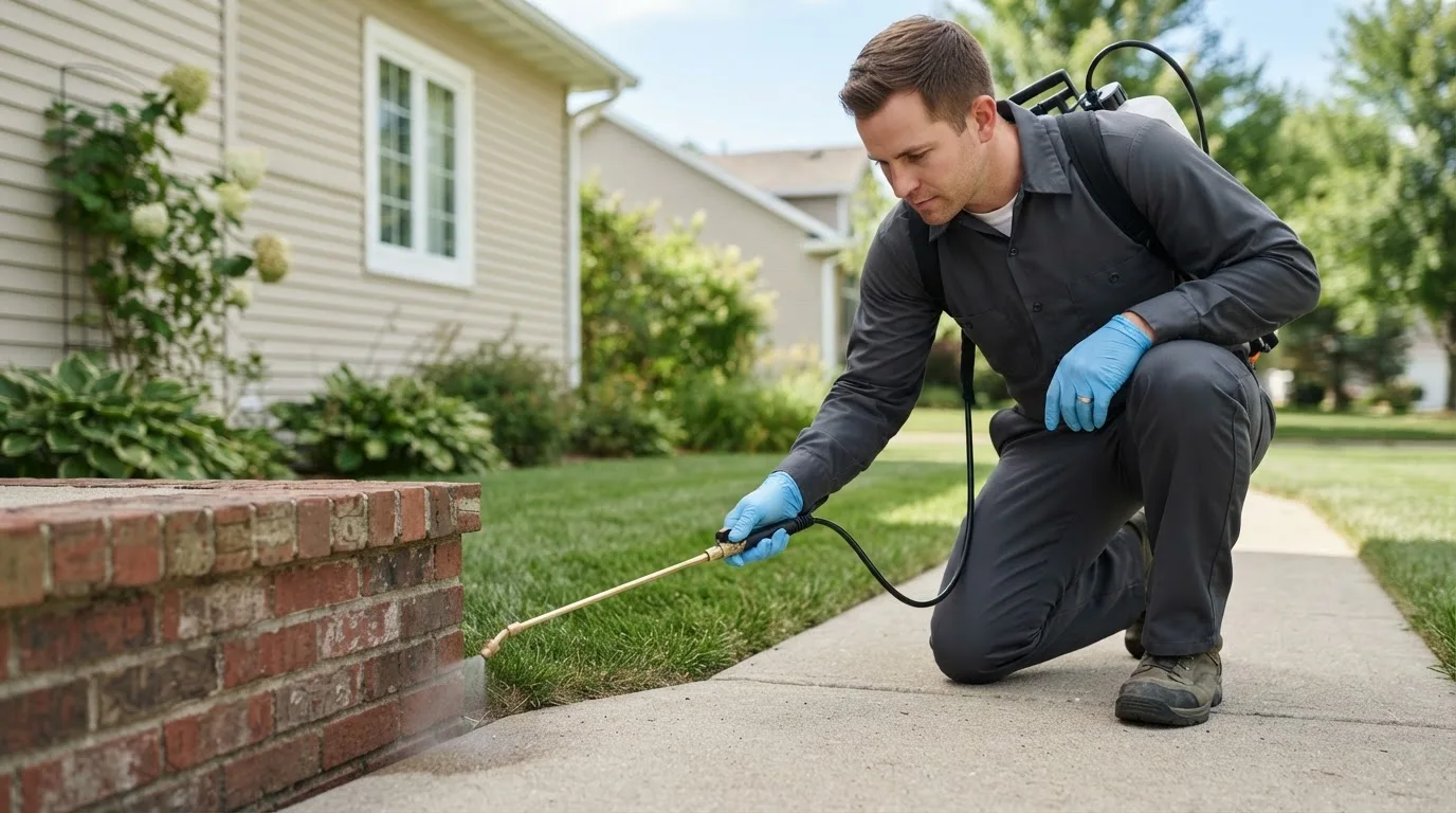 Pest control technician treating a home near Boynton, OK